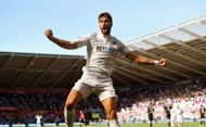 SWANSEA, WALES - MAY 21:  Swansea player Fernando Llorente celebrates his and the winning goal during the Premier League match between Swansea City and West Bromwich Albion at Liberty Stadium on May 21, 2017 in Swansea, Wales.  (Photo by Stu Forster/Getty Images)